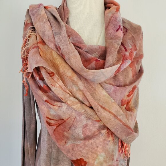 NEW XL merino wool oversized scarf wrap flower painted red pink blue brown gray - Picture 1 of 15